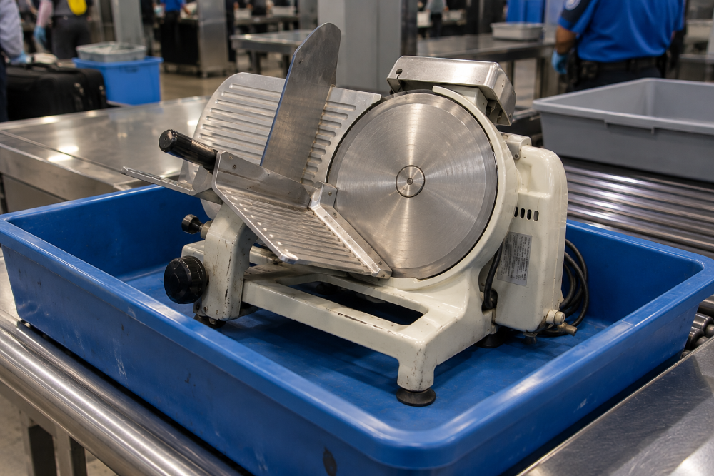 A professional electric meat slicer sitting in a blue plastic bin on an airport security conveyor belt.
