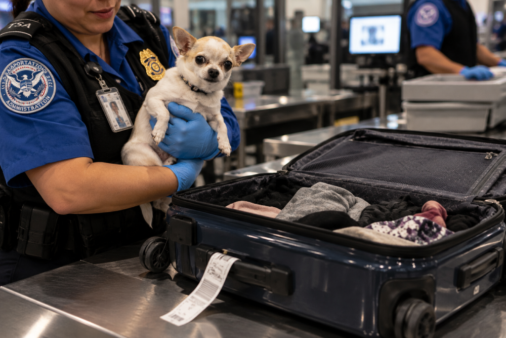 A TSA officer in blue uniform and gloves holds a small white and brown dog next to an open suitcase at an airport security checkpoint.