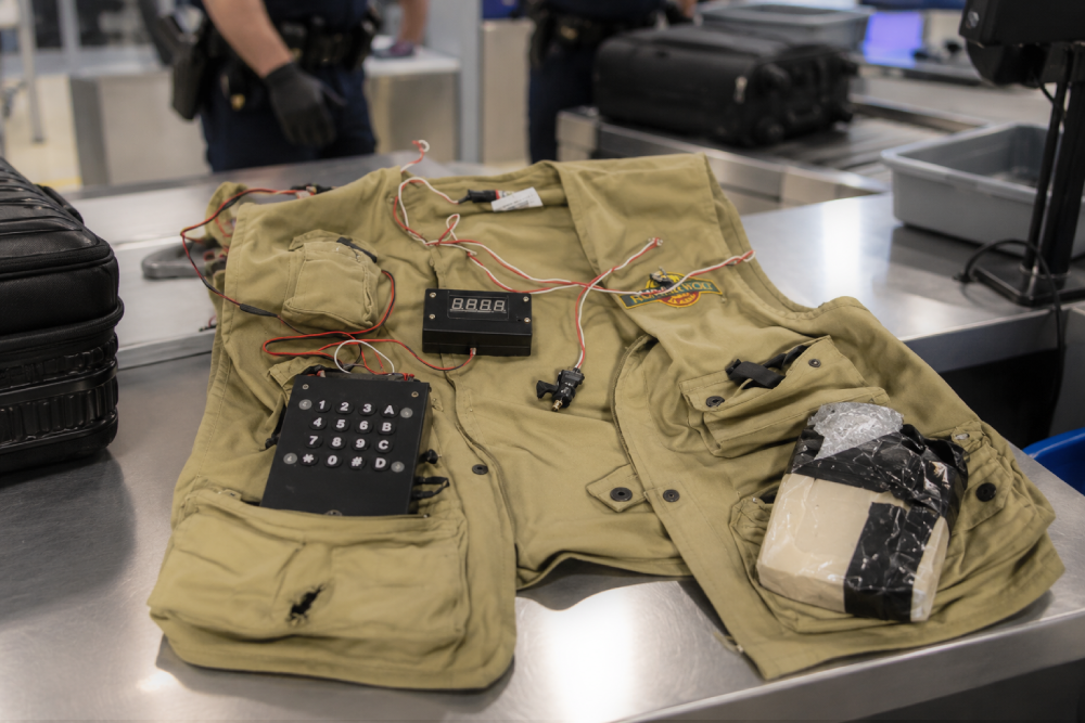 A tan vest outfitted with a keypad, digital timer, wiring, and a taped rectangular block, lying on an airport security conveyor belt.