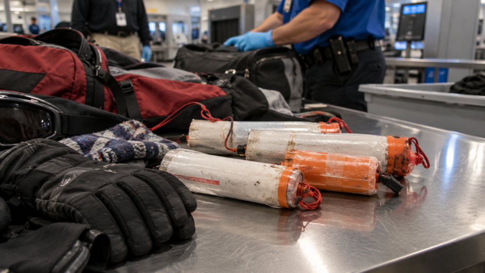 Airport security officer inspecting luggage and items on a conveyor belt, including a row of cylindrical objects with red wires.