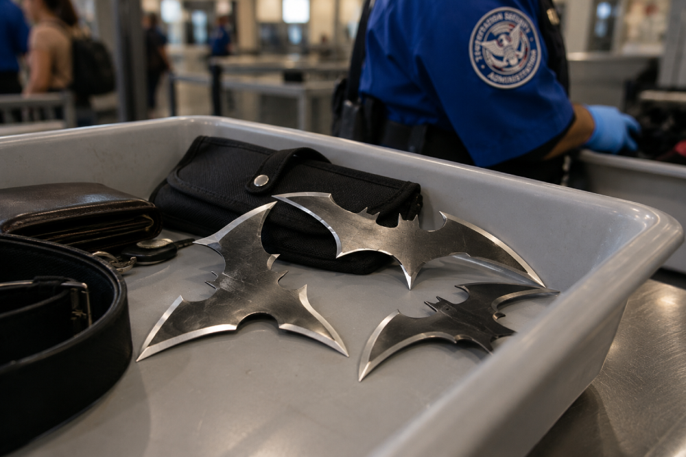 Three metal bat-shaped throwing stars in a grey plastic airport security bin next to a wallet and belt, with a TSA officer in the background.