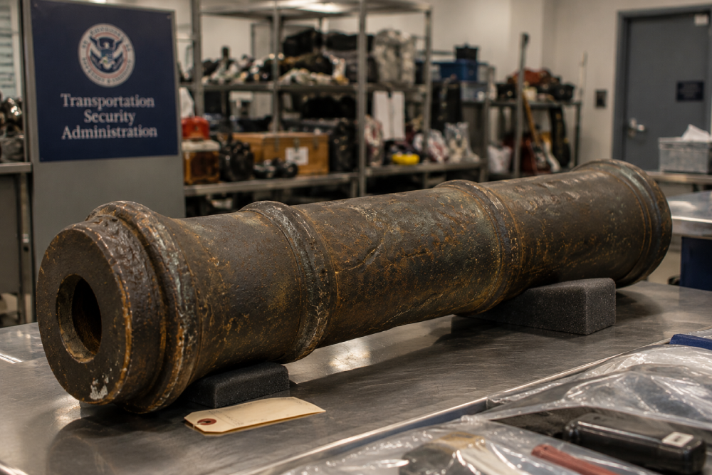 An antique, weathered cannon resting on a metal table in a Transportation Security Administration facility.