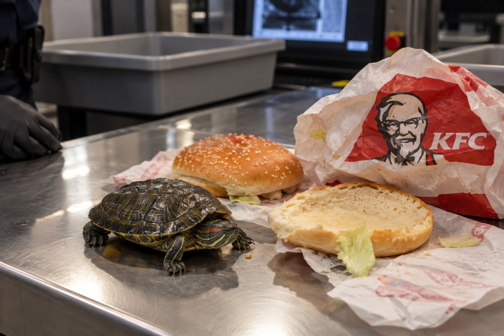 A red-eared slider turtle sits on a metal airport security table next to an open KFC chicken sandwich.