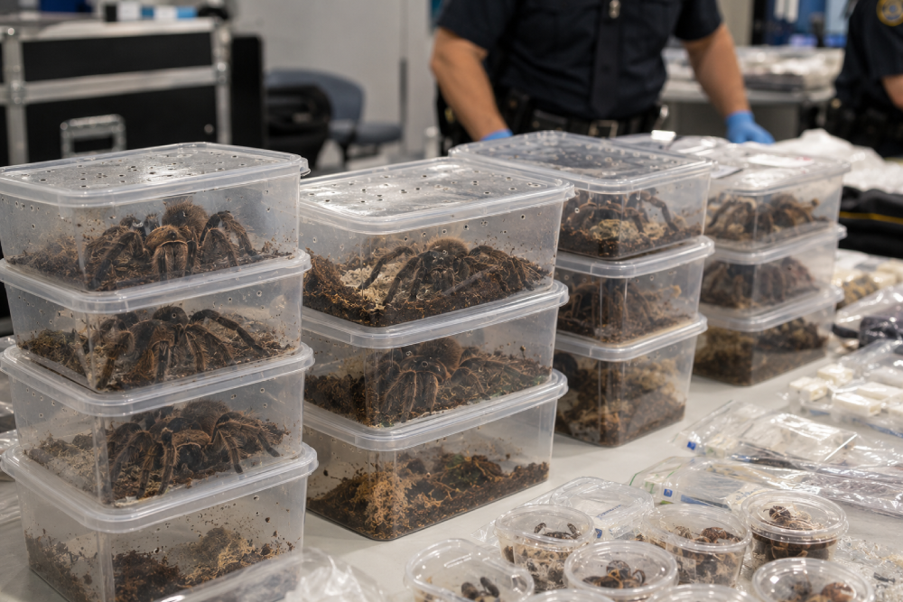 Stacks of clear plastic containers, each housing a large tarantula on a bed of soil, sit on a table while a person in uniform works nearby.