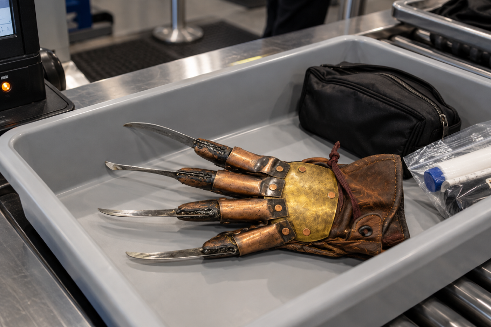 A Freddy Krueger-style bladed glove resting in a plastic airport security bin next to a black zippered pouch.
