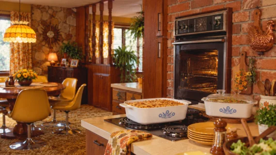 A vintage kitchen with brick walls, a built-in oven, and CorningWare dishes on the stove. The dining area has yellow chairs, a round table, and floral decor, giving the room a warm, retro feel.