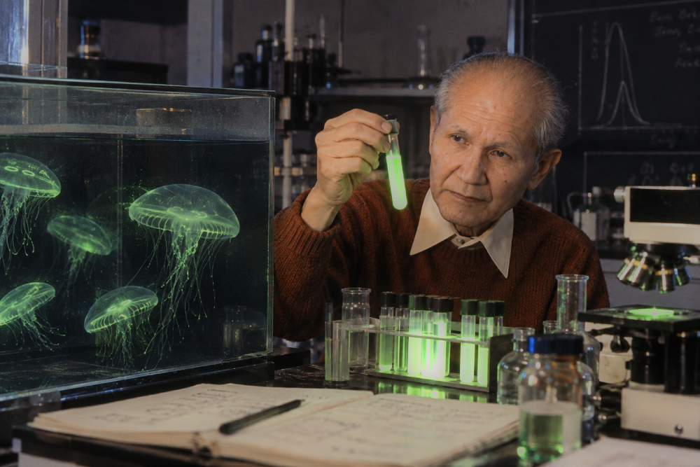 A scientist in a laboratory examines a glowing green test tube next to a tank containing glowing jellyfish.