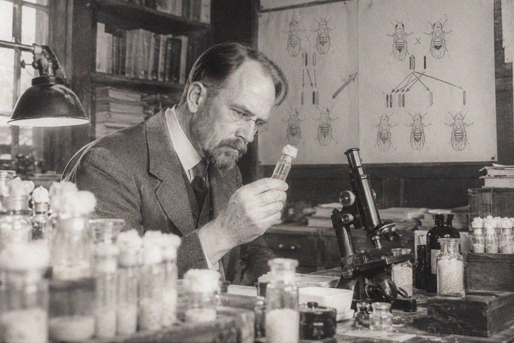 Thomas Hunt Morgan examines a small vial in a laboratory filled with scientific equipment and posters depicting fruit fly genetic crosses.