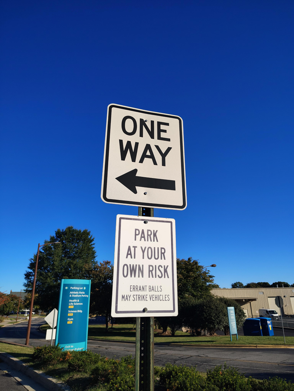 A One Way sign with a left arrow sits above a sign that reads: “Park at your own risk. Errant balls may strike vehicles.”