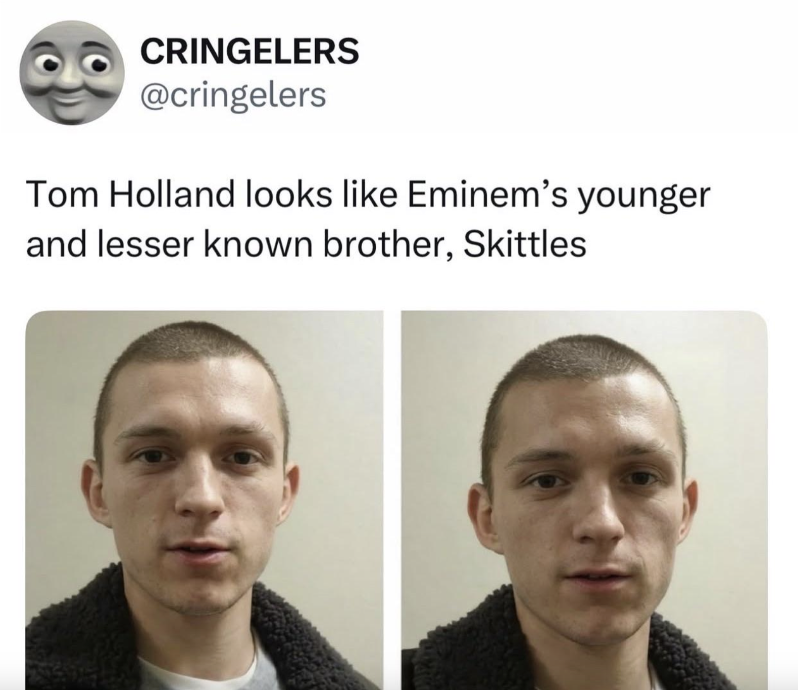 A tweet by CRINGELERS reading, “Tom Holland looks like Eminem’s younger and lesser known brother, Skittles,” accompanied by two side-by-side photos of Tom Holland with a buzz cut.