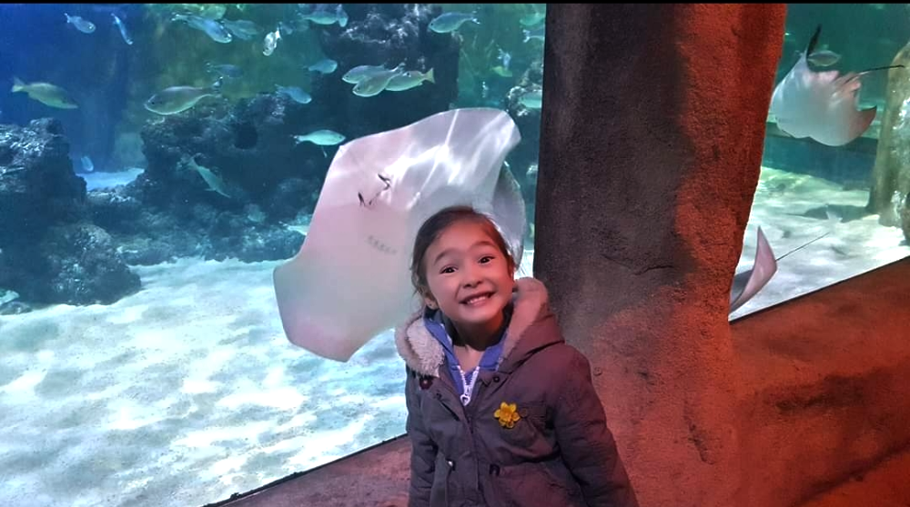 A young girl smiles at the camera as a stingray swims directly behind her head inside a large aquarium tank.