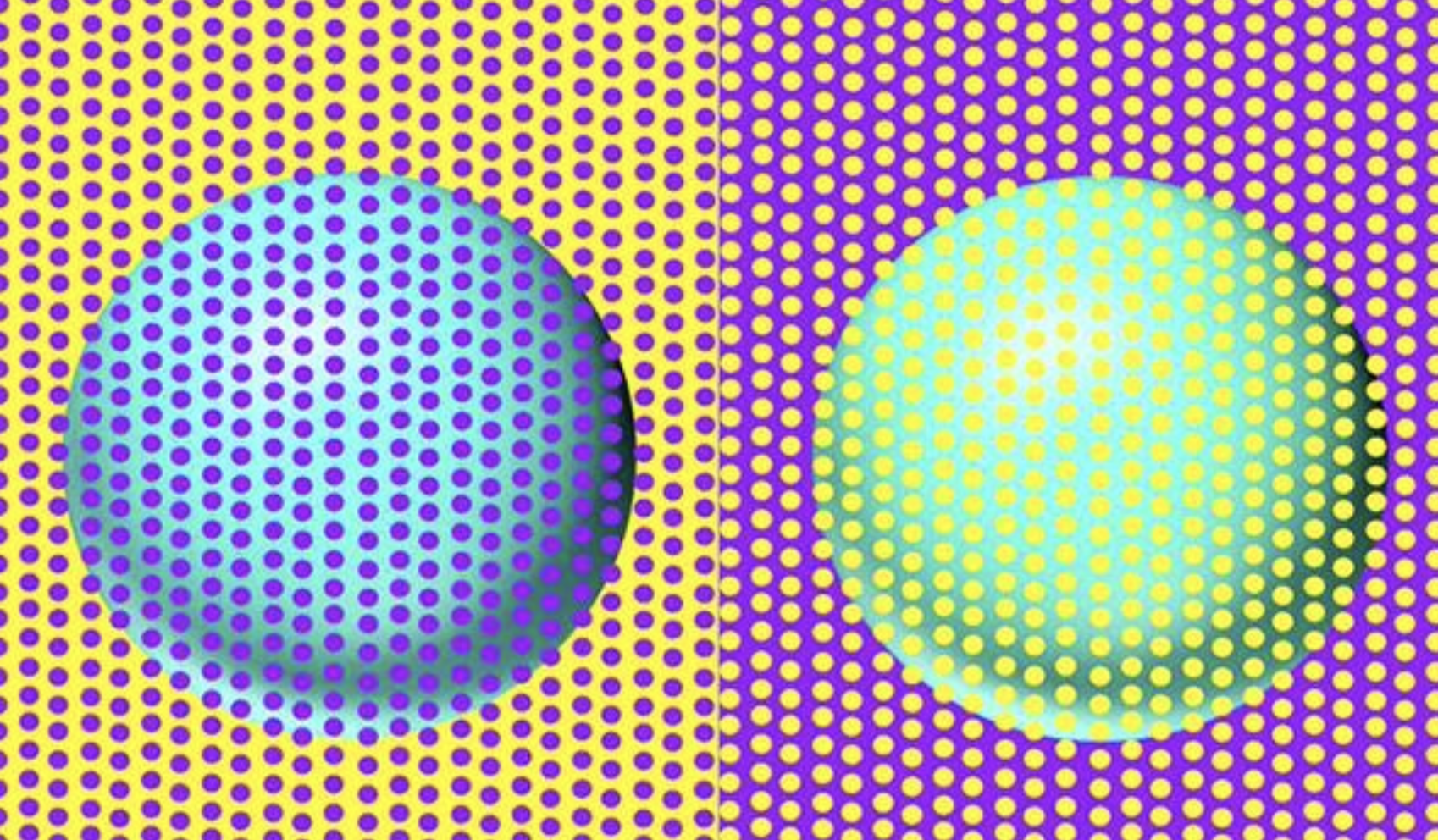 An optical illusion featuring two spheres against a background of yellow and purple dots; the left sphere appears to have blue dots while the right sphere appears to have yellow dots, though both are identical.