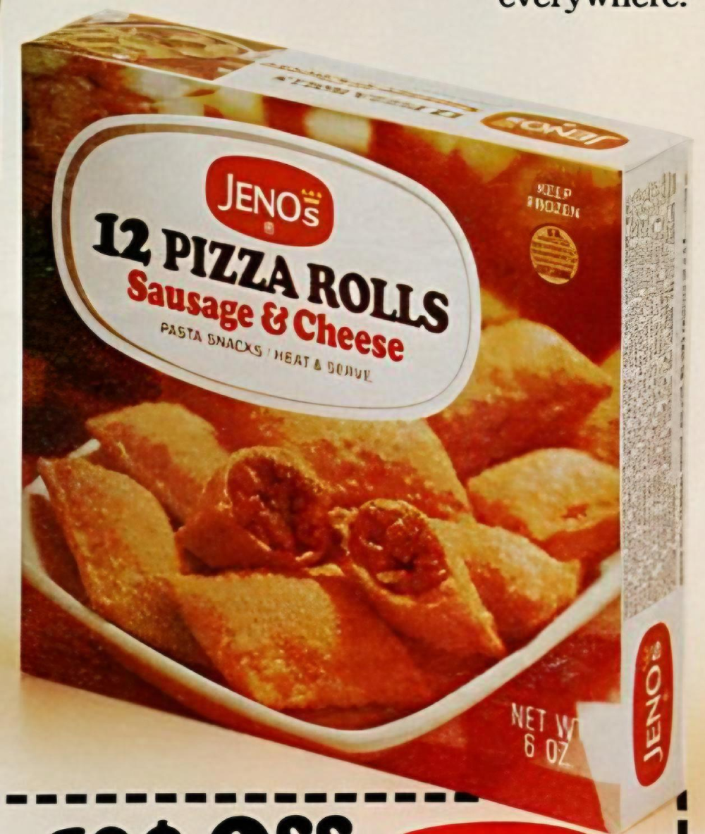 A box of Jeno’s sausage and cheese pizza rolls.