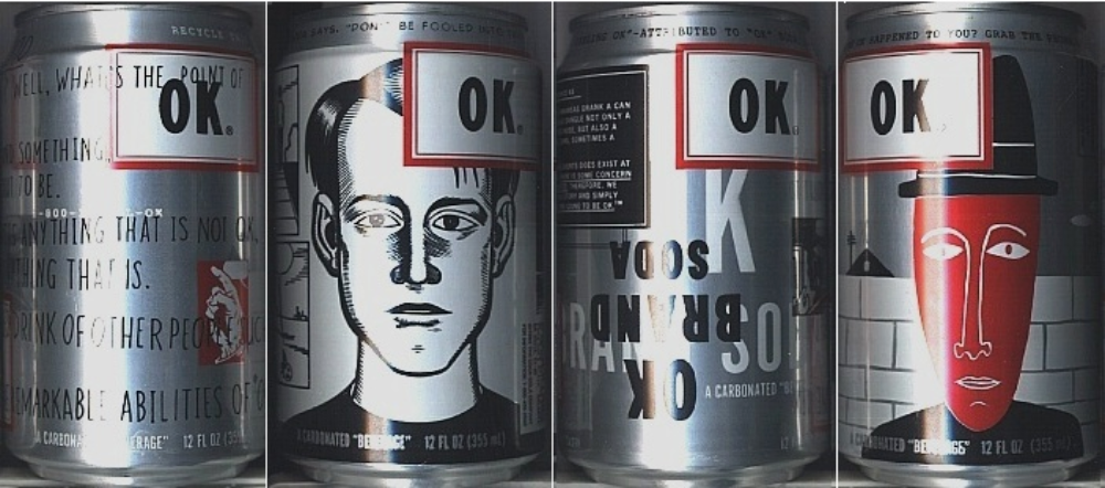 Four views of an OK Soda can, featuring a variety of black, white, and red graphic illustrations and stylized text.
