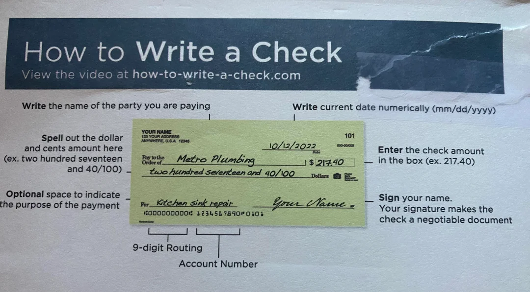 An instructional diagram showing how to fill out a personal check, with lines pointing to each section identifying the date, payee, numerical and written amounts, signature line, and account numbers.