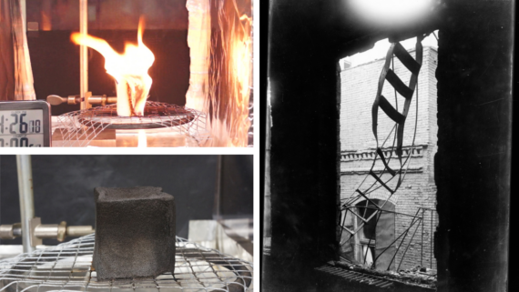 Split-screen image showing a flaming foam block being tested in a lab, the same block after burning, and a black-and-white photo of a metal fire escape ladder hanging outside a window.