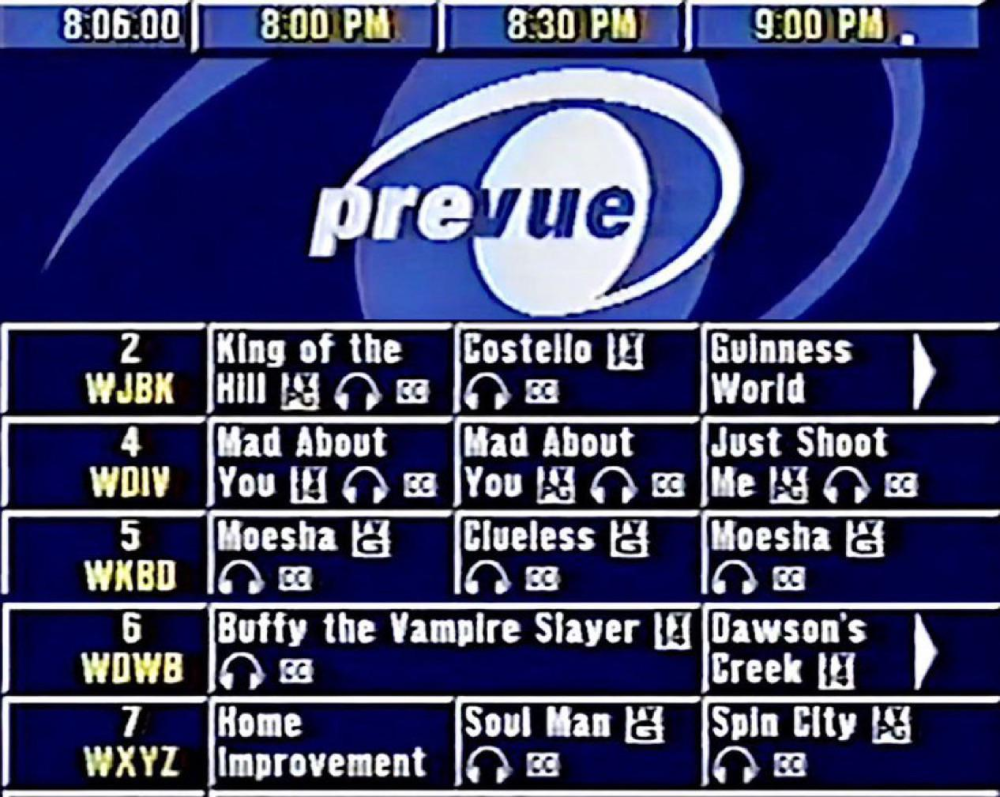 A Prevue Channel television listing grid showing program schedules for channels 2 through 7 between 8:00 PM and 9:00 PM.