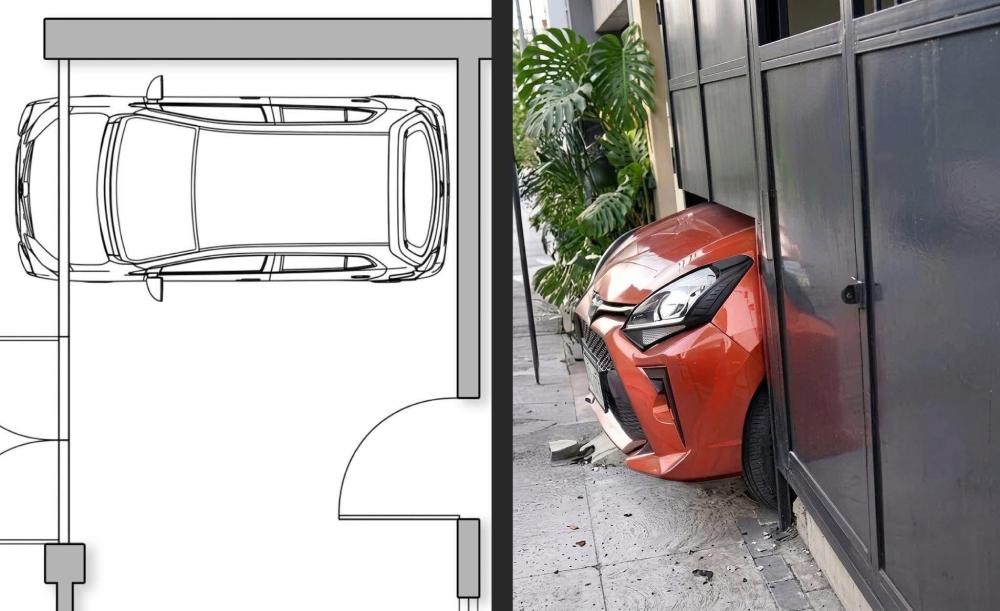 A split image showing a garage floor plan on the left and an orange car stuck halfway through a closed metal garage gate on the right.