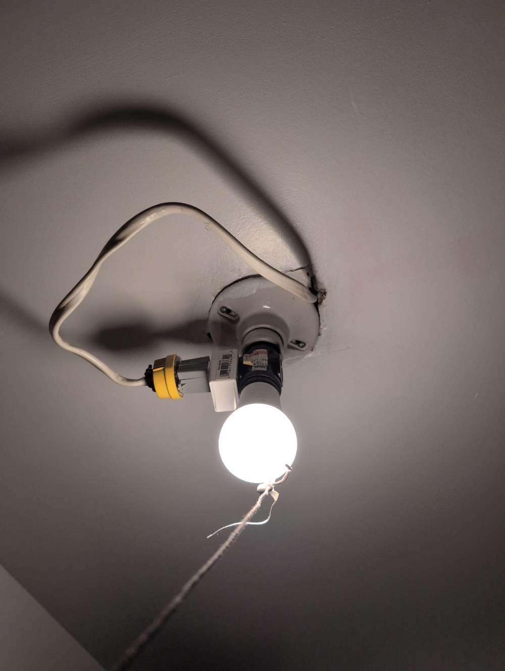 A light bulb installed in a ceiling socket, with a white power cord plugged into an adapter on the socket and a dark string hanging from the bulb.