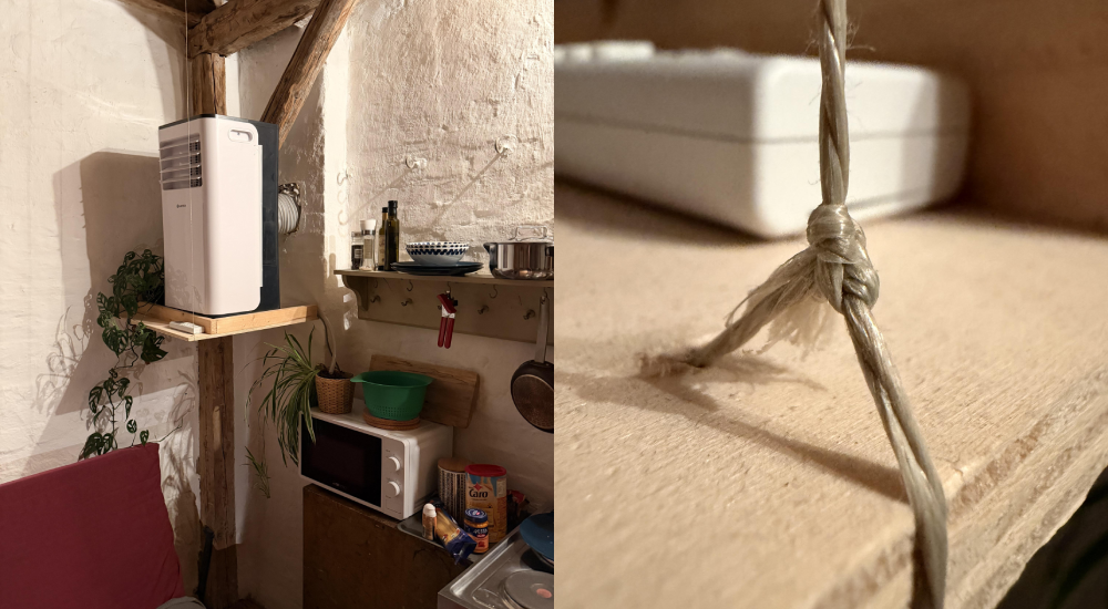 A split-screen image showing a portable air conditioner on a wooden shelf in a rustic room and a close-up of a knotted twine cord supporting the shelf.