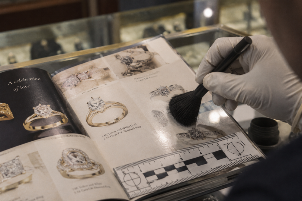 A gloved hand uses a brush to dust for fingerprints on a catalog page featuring images of diamond engagement rings.