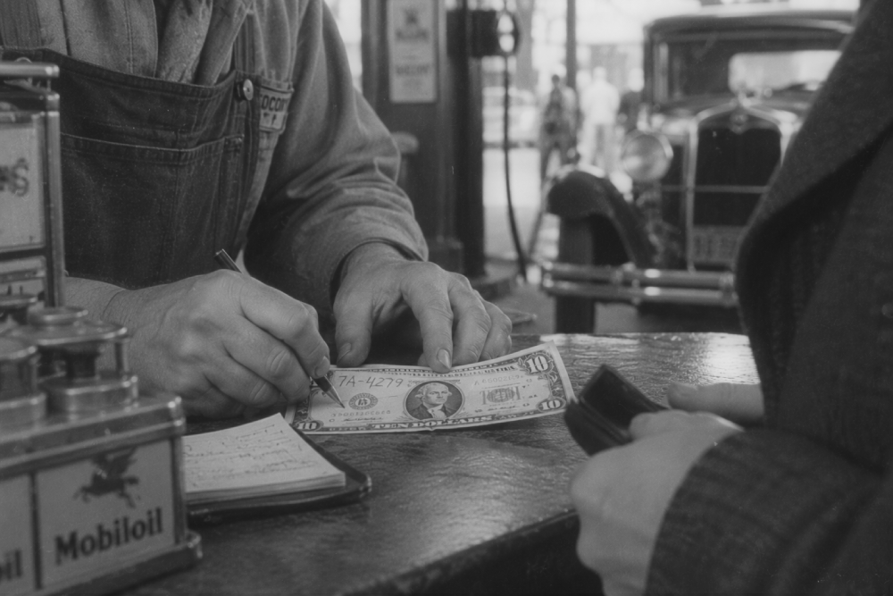 A gas station attendant writes on a ten-dollar bill held by a customer.
