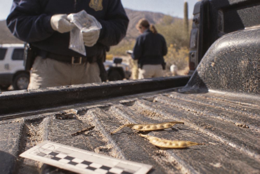 Two seed pods and a measurement scale lie on the tailgate of a truck, with two law enforcement officers in the background.