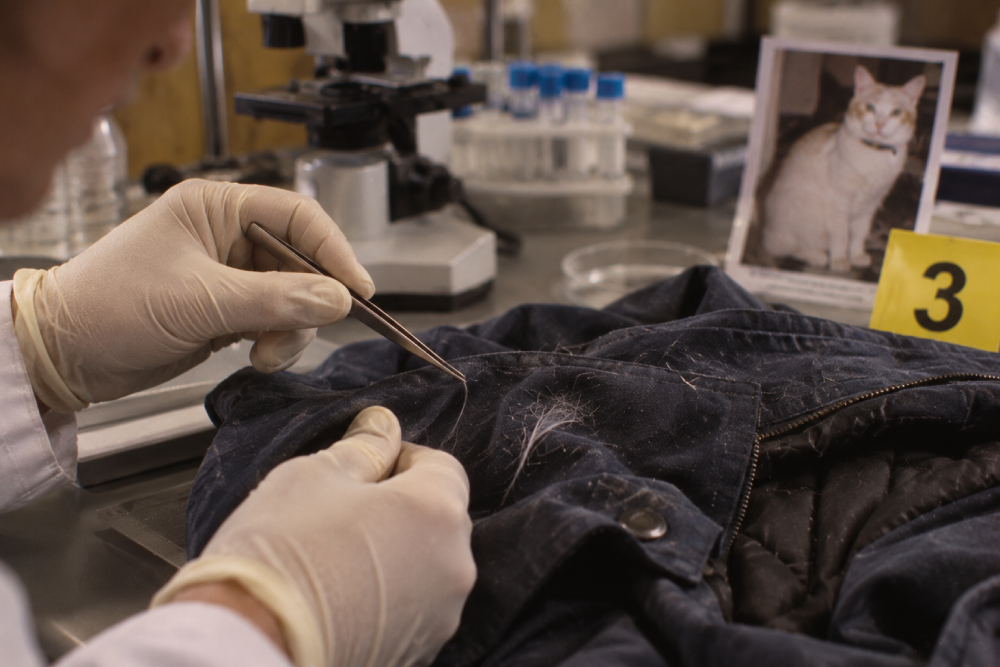 A forensic scientist wearing gloves uses tweezers to collect a hair sample from a dark jacket, with a photo of a cat and an evidence marker labeled “3” nearby.