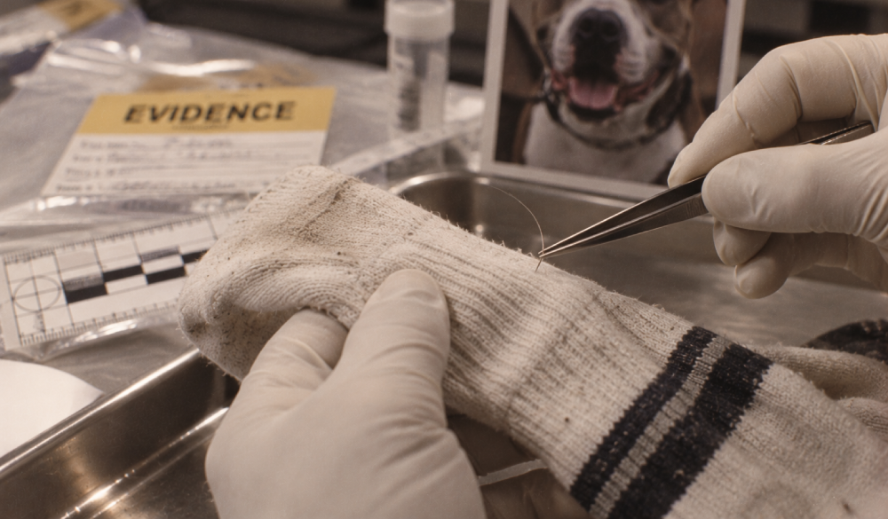 A gloved hand uses tweezers to lift a hair from a dirty sock, with an evidence tag and a photo of a dog in the background.
