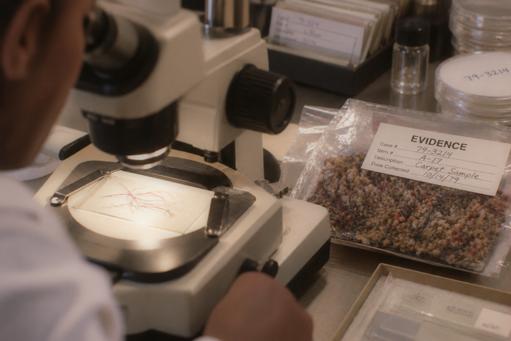A forensic scientist examines fiber samples under a microscope next to a plastic bag labeled “EVIDENCE” containing carpet fibers.