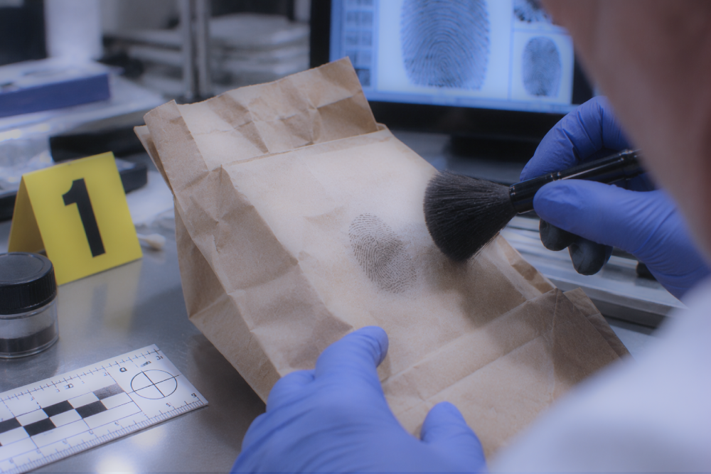A forensic investigator in blue gloves uses a brush to reveal a fingerprint on a paper evidence bag, with a digital fingerprint scan on a monitor in the background.