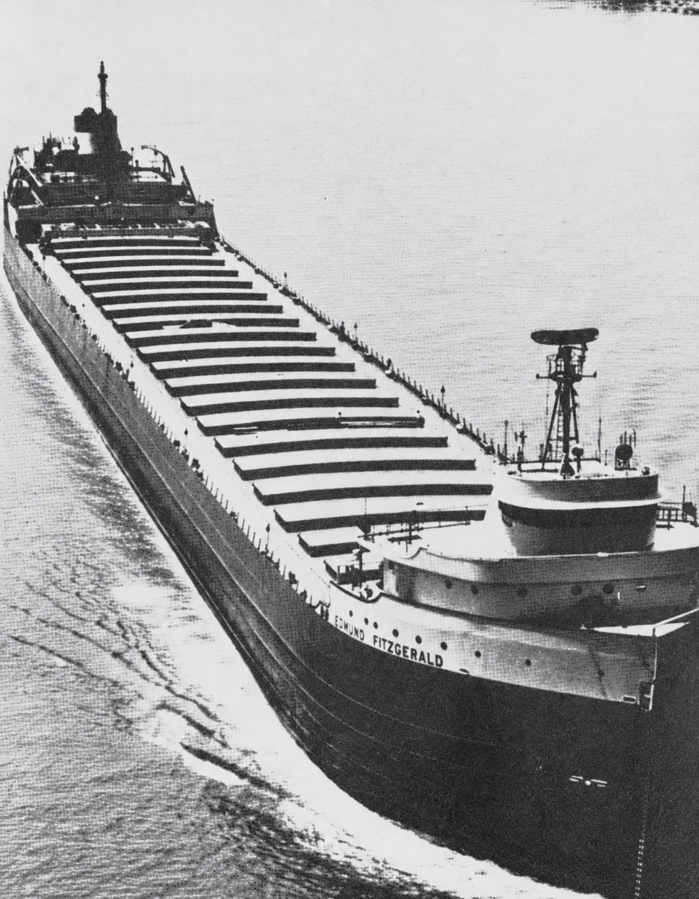 The freighter SS Edmund Fitzgerald sailing on open water.