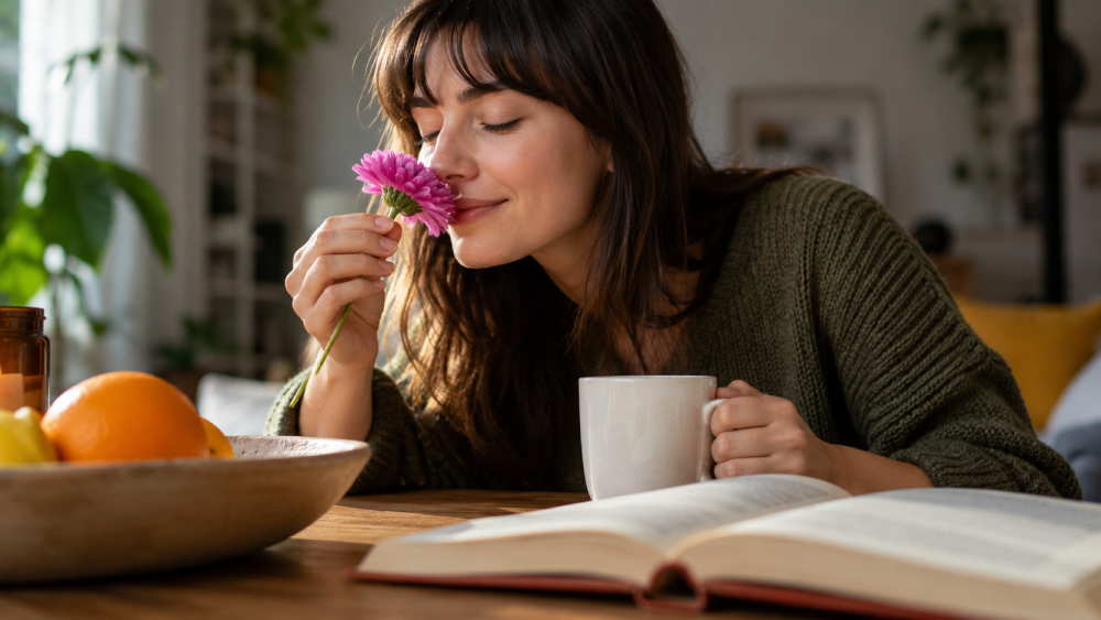 A woman sits at a table with an open book and a mug, smiling as she smells a pink flower.