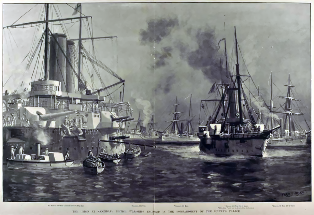 A historical illustration of British warships bombarding the Sultan’s Palace in Zanzibar, with the title “The Crisis at Zanzibar: British War-ships engaged in the bombardment of the Sultan’s Palace.”