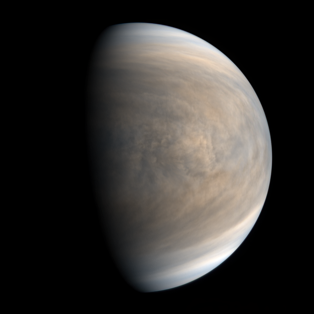 A crescent view of the planet Venus, showing swirling atmospheric clouds against a black background.