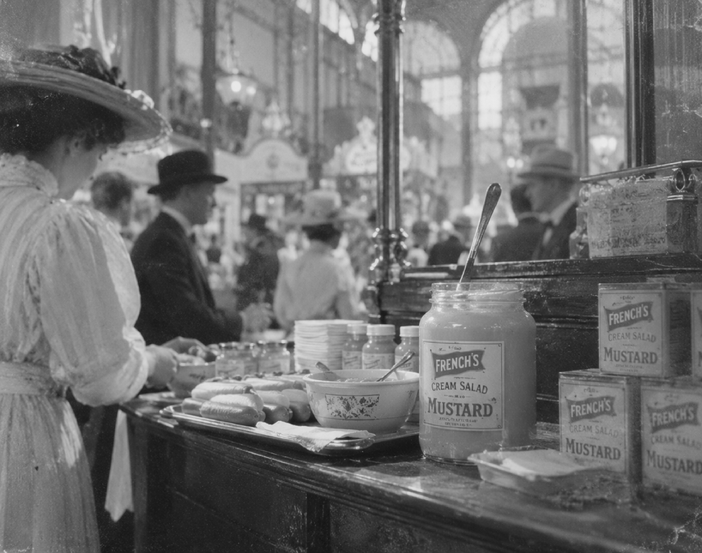 A woman in a hat stands at a food counter featuring a large jar of French’s Cream Salad Mustard, hot dogs, and stacks of mustard tins.
