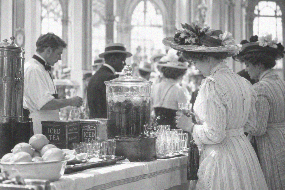 A black-and-white image of a woman in a wide-brimmed floral hat holding a glass at an iced tea service station, with a server and other patrons in period clothing nearby.