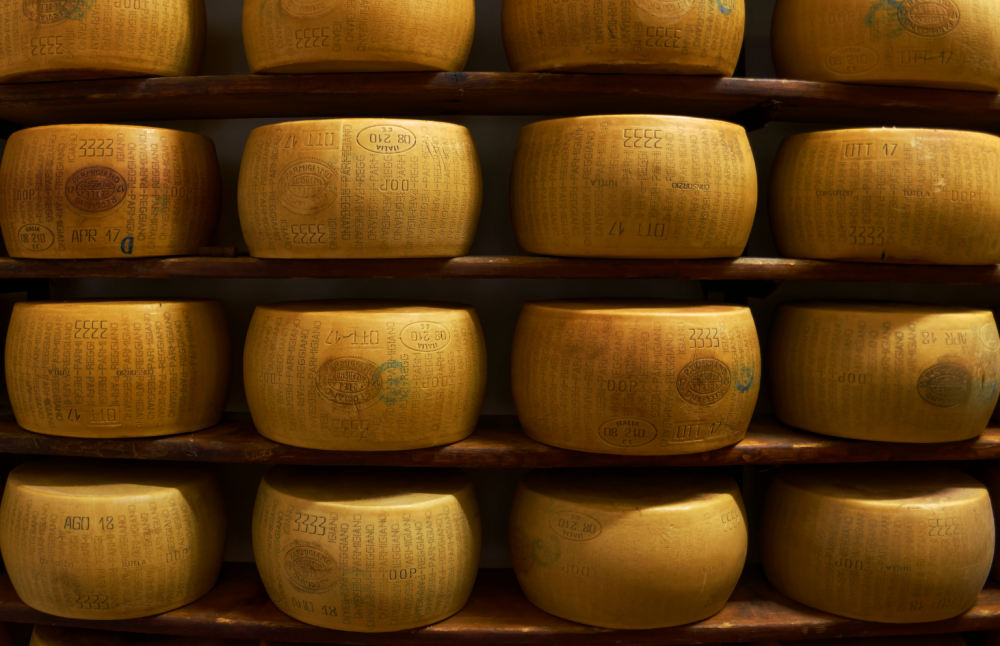 Rows of large wheels of Parmigiano Reggiano cheese aging on wooden shelves, each stamped with identifying text and markings.