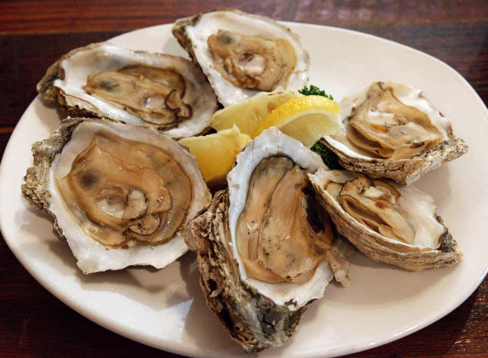 Six raw oysters on the half shell served on a white plate with lemon wedges.