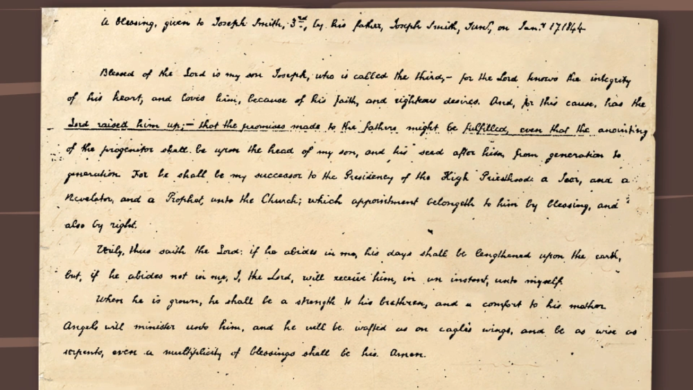 Handwritten document titled “A blessing, given to Joseph Smith, 3rd, by his father, Joseph Smith, Junr., on Jan. 17, 1844,” blessing his son and naming him his successor to the Presidency of the Church.