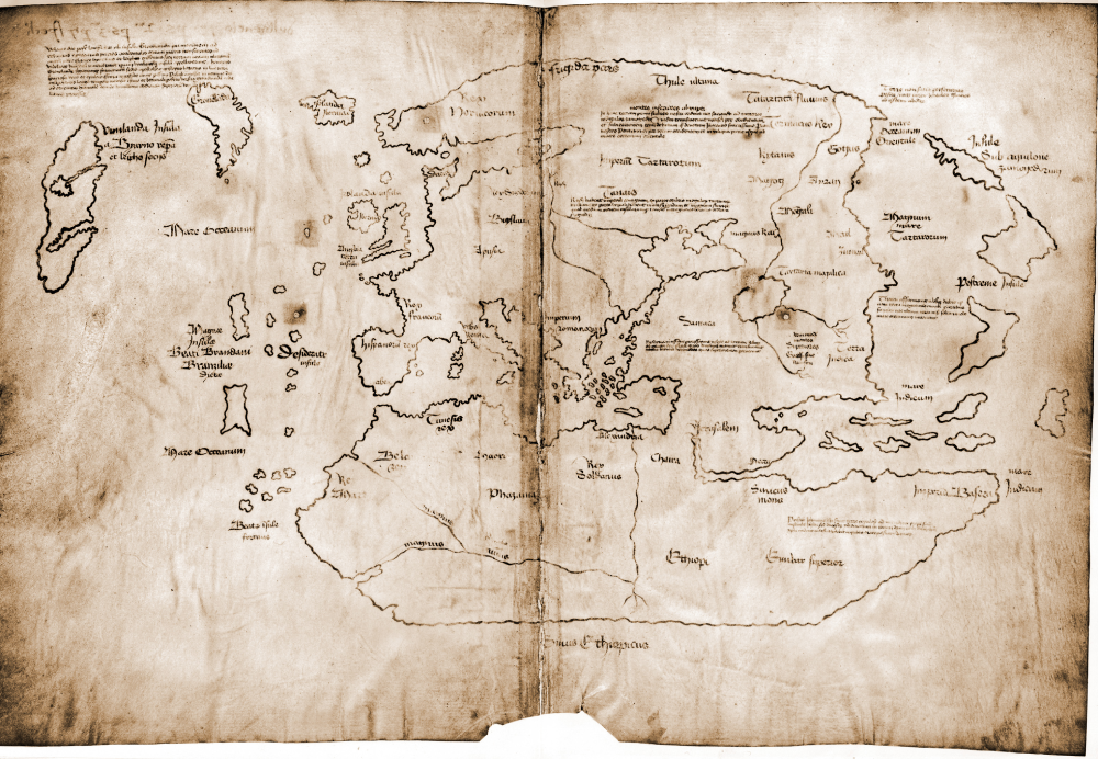 A medieval world map showing landmasses, islands, and bodies of water labeled in Latin, rendered in ink on aged parchment.