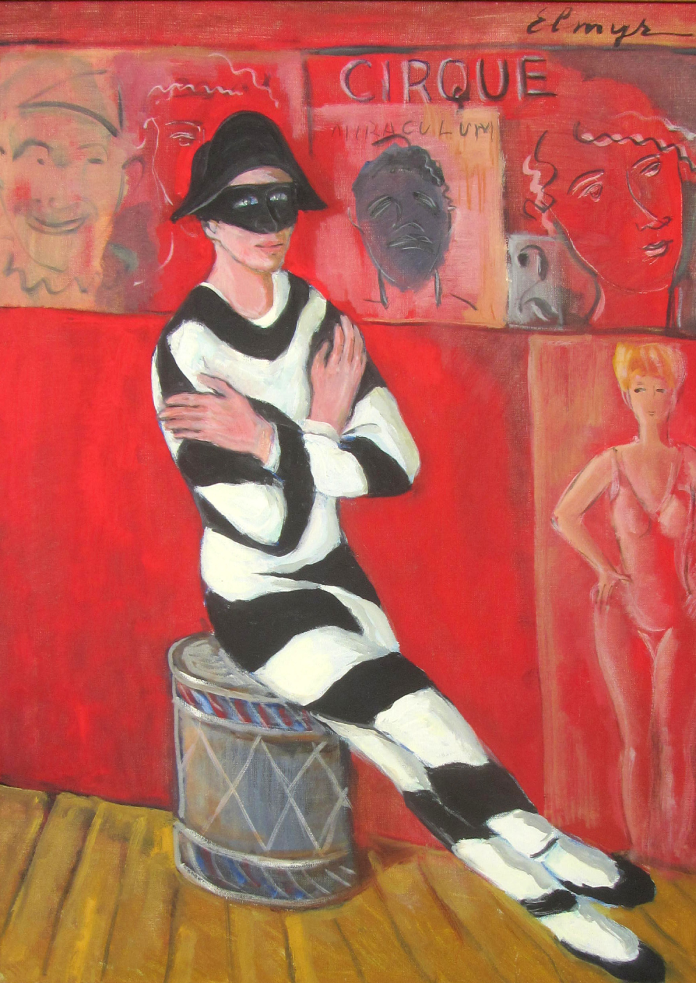 A painting of a person in a black-and-white striped costume and a black mask, sitting on a drum against a red background featuring posters of faces and a figure in a leotard.
