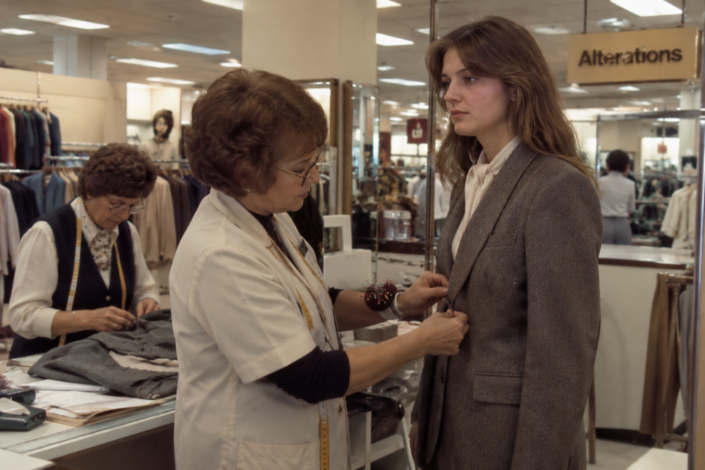 A tailor in a white uniform pins a blazer worn by a young woman in an alteration shop.