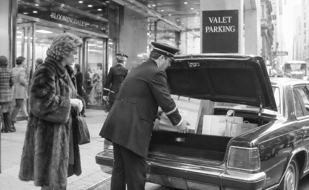 A valet in uniform loads shopping bags into the trunk of a car outside Bloomingdale’s while a woman in a fur coat watches.