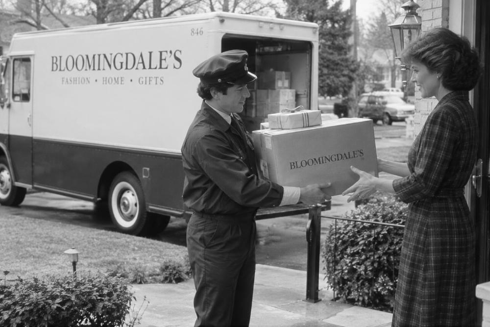 A delivery driver in uniform hands a package labeled “Bloomingdale’s” to a woman at her front door, with a Bloomingdale’s delivery truck parked in the driveway behind them.
