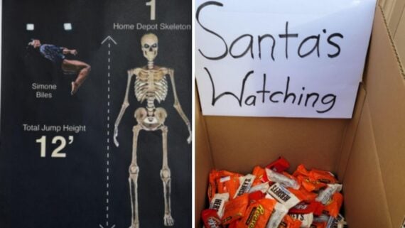 A side-by-side image showing a diagram comparing the jump height of Simone Biles to a Home Depot skeleton, and a box of assorted candy with a sign reading “Santa’s Watching.”