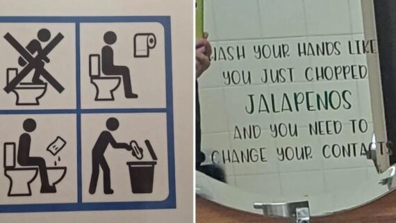 A sign showing bathroom etiquette next to a mirror with a message reading, “Wash your hands like you just chopped jalapenos and you need to change your contacts.”