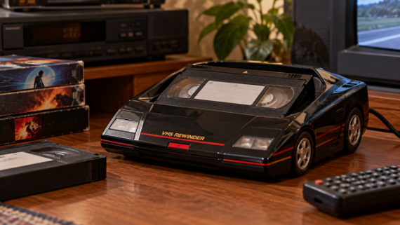 A black sports car-shaped VHS rewinder with a tape inserted, sitting on a wooden desk next to a stack of VHS tapes and a remote control.