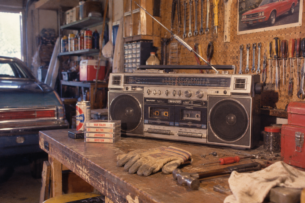 A cluttered garage workbench with a large vintage boombox, cassette tapes, work gloves, tools, and a blue car parked nearby. Pegboard wall holds various hanging hand tools.