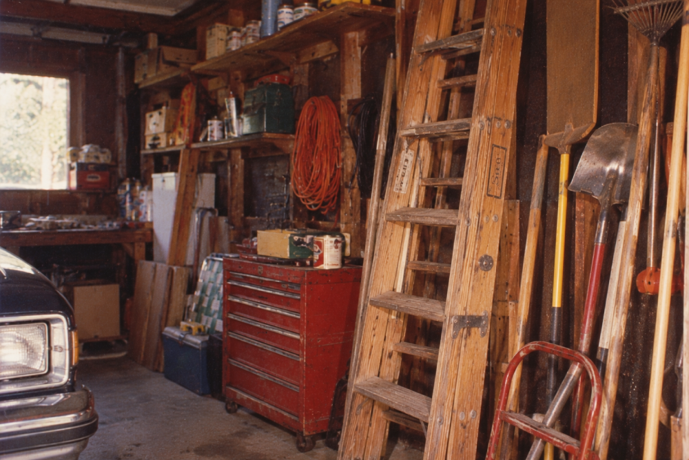 A garage with a red tool chest, wooden ladders, shelves with tools and supplies, garden tools, and part of a car visible on the left. Sunlight shines through a window on the back wall.
